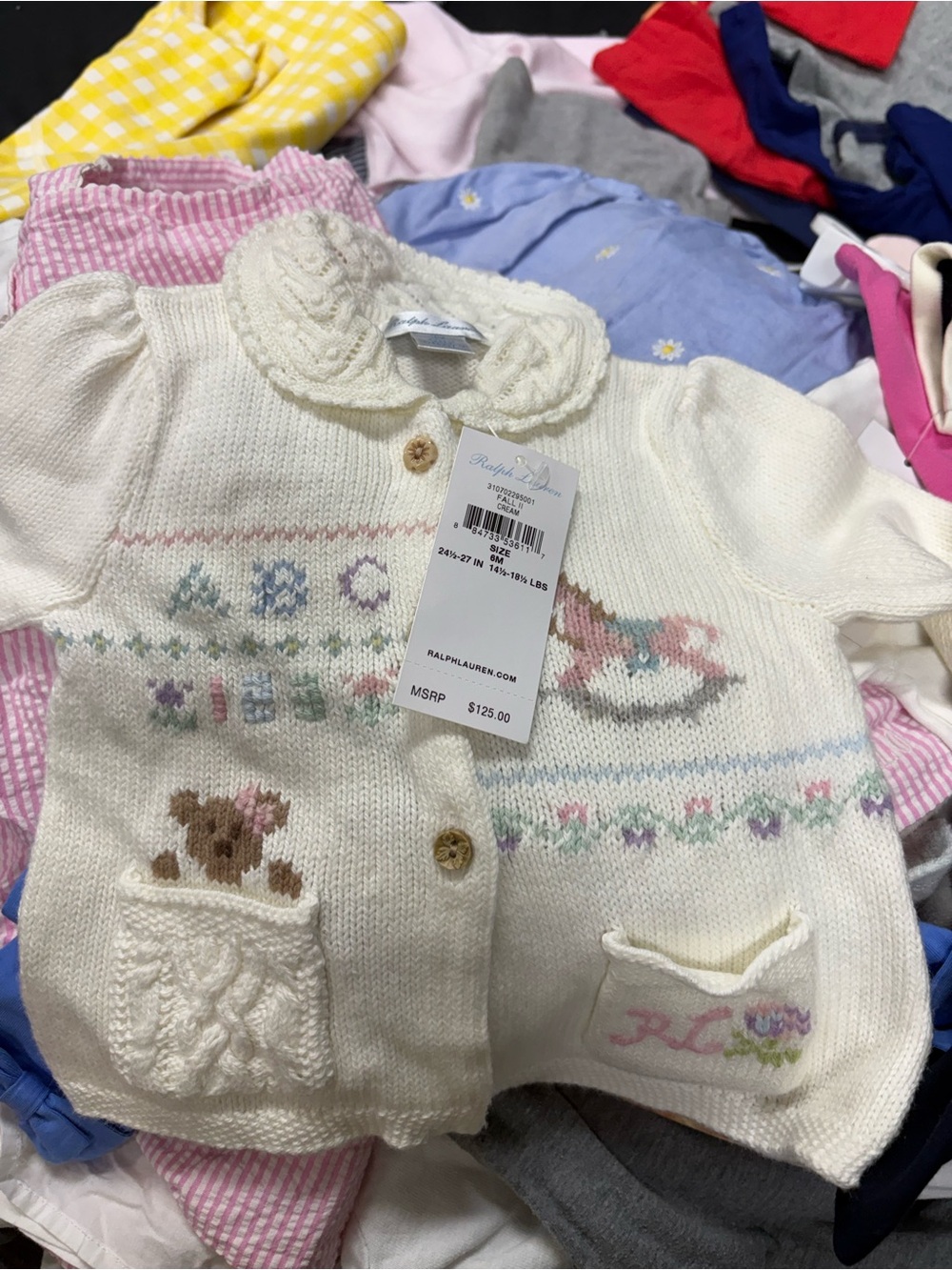 Ralph Lauren Cream Knit Baby Cardigan with Pastel Embroidery